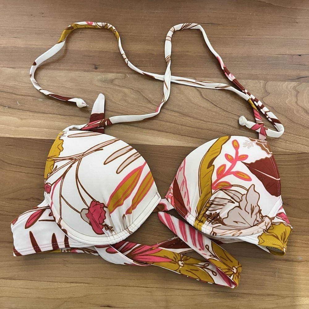 Aero Bikini Top Red Brown on White Floral Junior Size Medium Padded Underwire